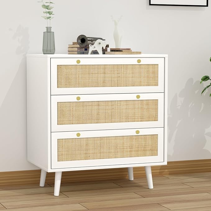 Anmytek White Dresser for Bedroom with 3 Drawers, Modern Wood 3 Drawer Dresser, White Chest of Drawer with Spacious Storage Rattan Dresser for Bedroom H0072