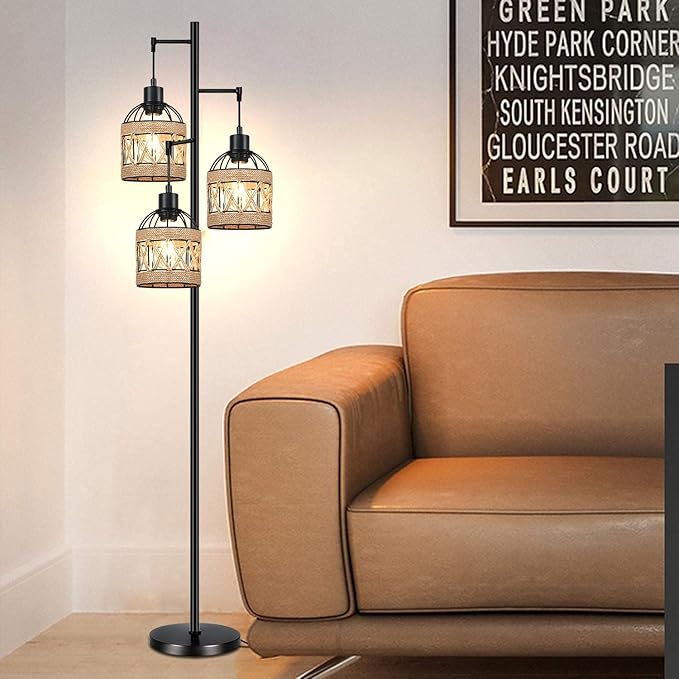 Floor Lamp for Living Room,Bedroom,3-Lights Boho Rattan Tree Floor Lights,Industrial Black Farmhouse Standing Lamp Wicker Rustic Tall Lamp,Woven Bamboo LampShade Floor Lamps Bohemian