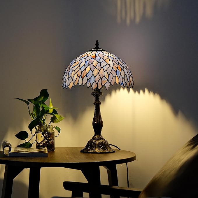 Tiffany Style Table Lamp Vintage Stained Glass Desk Lamp Deep Blue Purple Wisteria Bedside Reading Light Decor Bedroom Living Room Home Office D12 xH18