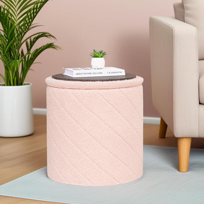 17" Foldable Boucle Round Storage Ottoman,Space-Saving Footrest/Seating/Coffee Table for Small Apartments,Dorms & Bedrooms-Pink