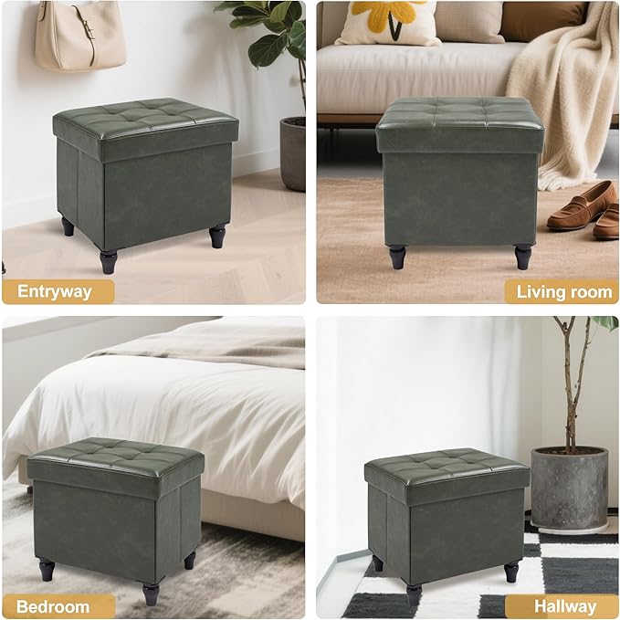 GLAXYFUR Storage Ottoman Bench, 15 Inches Foldable Ottoman Foot Stool with Legs, PU Leather Footrest for Living Room, Bedroom, Dorm (Green)