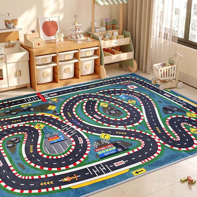 Kids Rug,Children's Room Rug,Road Race Play Rugs, Rail City Living Rugs, Washable Non-Slip Play Mats. (Blue, 31x47in)