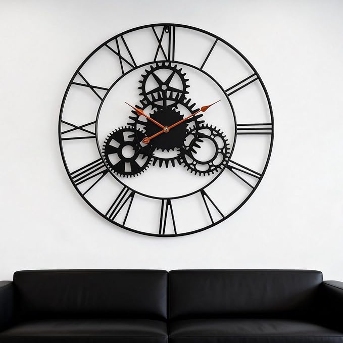 Steampunk Wall Clock 24 Inch, Industrial Metal Gears with Roman Numerals, Retro Distressed Finish Mechanical Art for Bar, Living Room, Cafe Decor