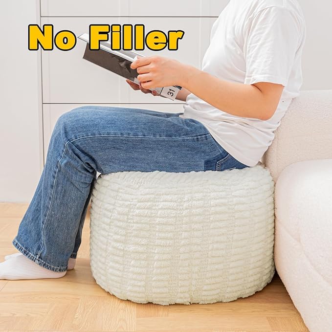 Handmade Unstuffed Ottoman Pouf Cover – Versatile Storage Footstool & Floor Pouf for Living Room, Bedroom, or Wedding Decor | 20" Diameter x 14" Height | Filler Not Included (Cream)