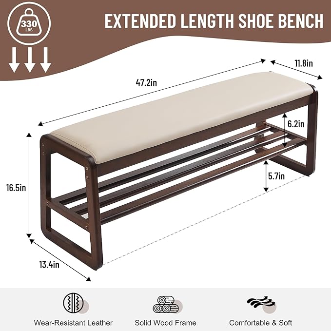 Uniclinens Wooden Shoe Rack Bench, End of Bed Bench Bedroom, Entryway Bench with Cushion 2-Tier, Long Shoe Storage Bench for Hallway Living Room (Walnut, 47.2'')