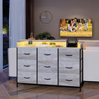 EXOTICA Dresser with Charge Station 9 Drawers Dresser for Bedroom with LED Lights Tall Wide Fabric Dressers & Chests of Drawers for Closet Hallway Entryway Sturdy Steel Frame Wood Top