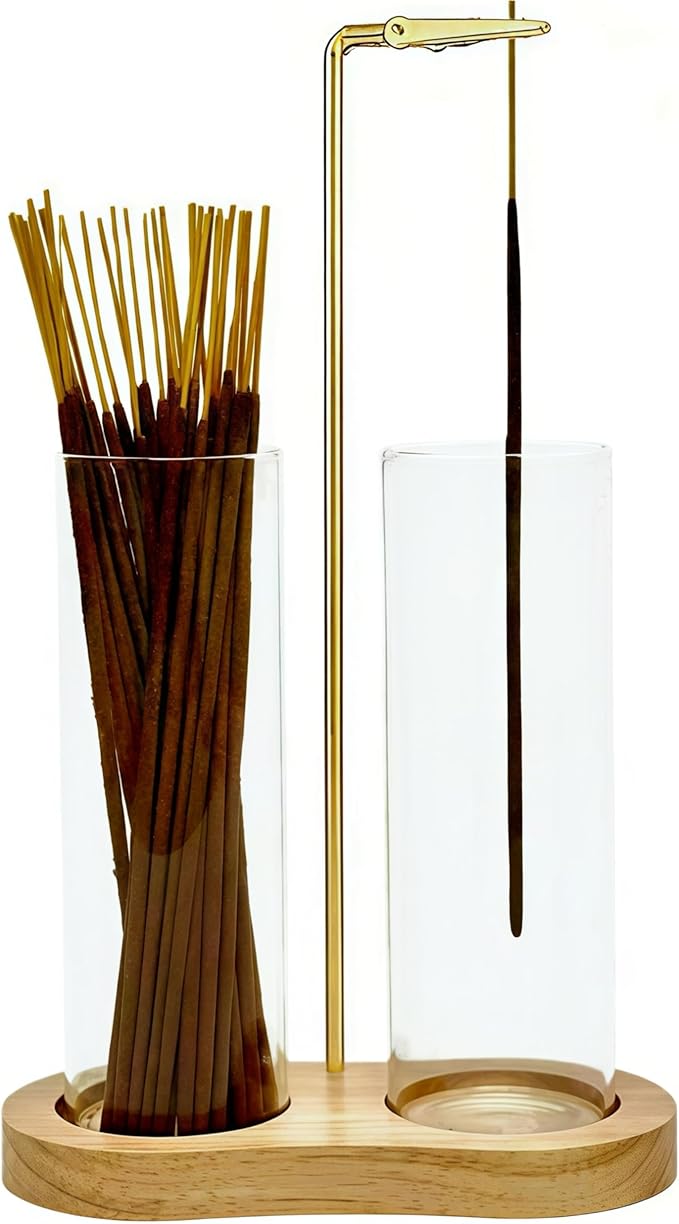 Glass Incense Holder, Incense Sticks Burner Holder with Storage,Hang Upside Down Incense Holder for Sticks with Glass Ash Catcher for Meditation Yoga Spa Room Decor (Natural)