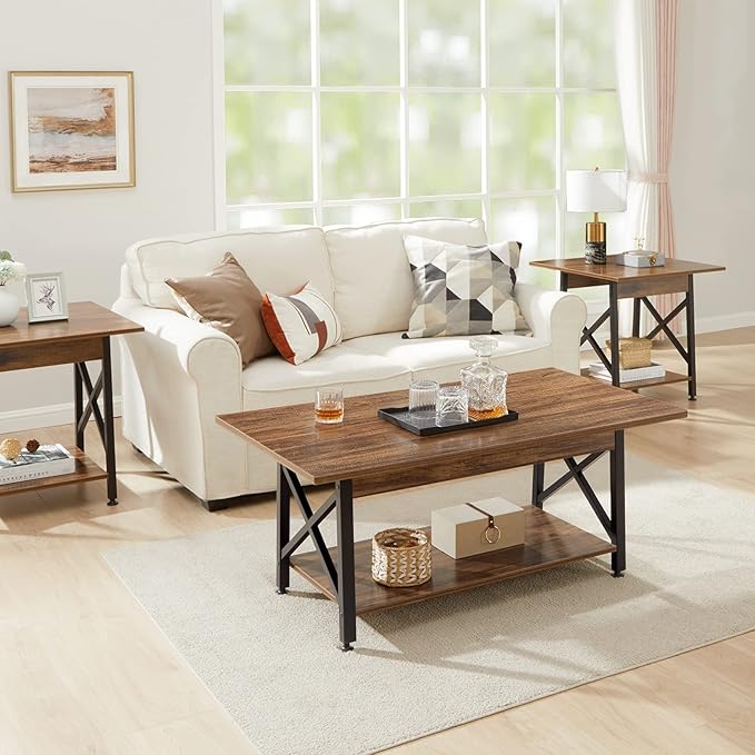 GreenForest Coffee Table with Storage, 43 inch Large Modern Coffee Tables for Living Room, X-Frame Design Farmhouse Coffee Table Space Saving Living Room Tables, Easy Assembly, Walnut