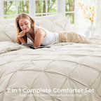 Sasttie King Size Comforter Set, 7-Piece Bed in a Bag, Pintuck Bedding Set for All Season, Includes Comforter, Flat Sheet, Fitted Sheet, Pillowcases and Pillowshams, Beige