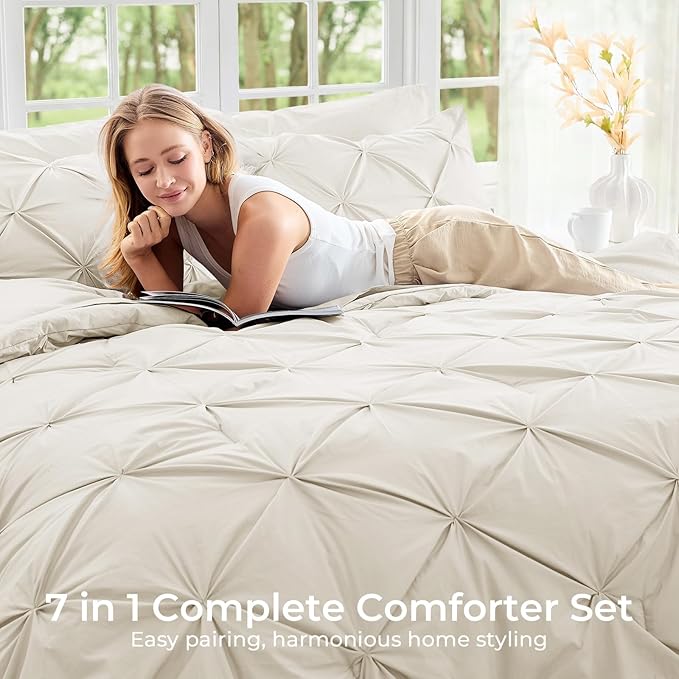 Sasttie Full Size Comforter Set, 7-Piece Bed in a Bag Double, Pintuck Bedding Set for All Season, Includes Comforter, Flat Sheet, Fitted Sheet, Pillowcases and Pillowshams, Beige