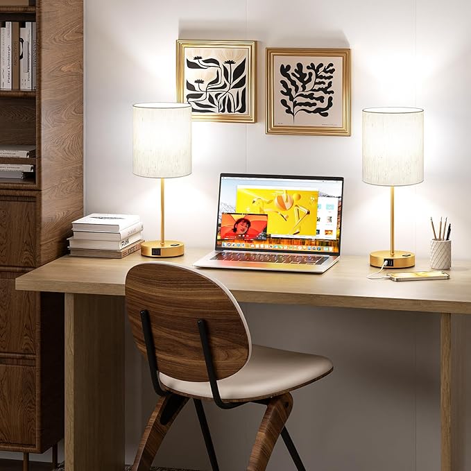 Gold Touch Lamps for Nightstand Set of 2 - Bedside Table Lamp for Bedroom with Dual USB Ports & AC Outlet, 3-Way Dimmable Lamps for Living Room Boys Room, Night Light with 5000K Daylight Bulbs