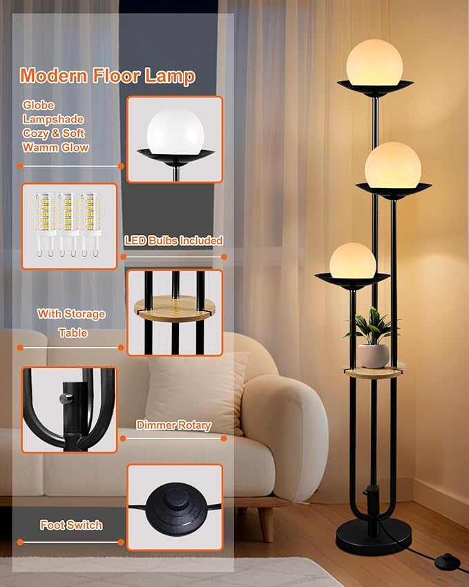 Lightdot Globe Floor Lamp with Shelf 3-Lights Modern Dimmable Floor Lamps for Wedding/Party, 3000K Warm White Bulbs Included, Black Tall Standing Lamp for Living Room/Bedroom/Sofa Beside/Corner Decor