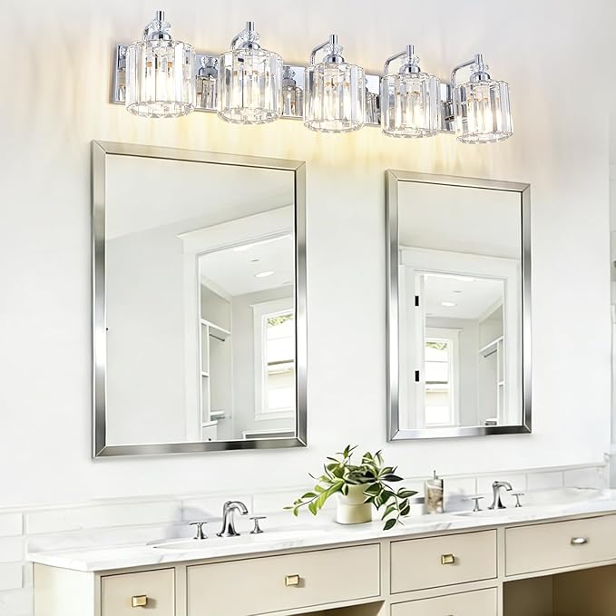 5-Light Modern Bathroom Light Fixture Chrome Bathroom Vanity Lights Over Mirror Wall Sconce Lighting with K9 Crystal Shades E26 Base for Bedroom, Living Room, Hallway Wall Lamp
