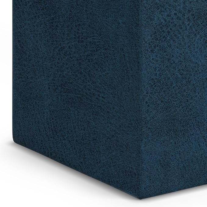 SIMPLIHOME Rockwood Cube Storage Ottoman with Tray - 17 inch Wide Upholstered Vegan Leather Square Storage Ottoman in Distressed Dark Blue, Contemporary Cube Ottoman for Living Room with Serving Tray