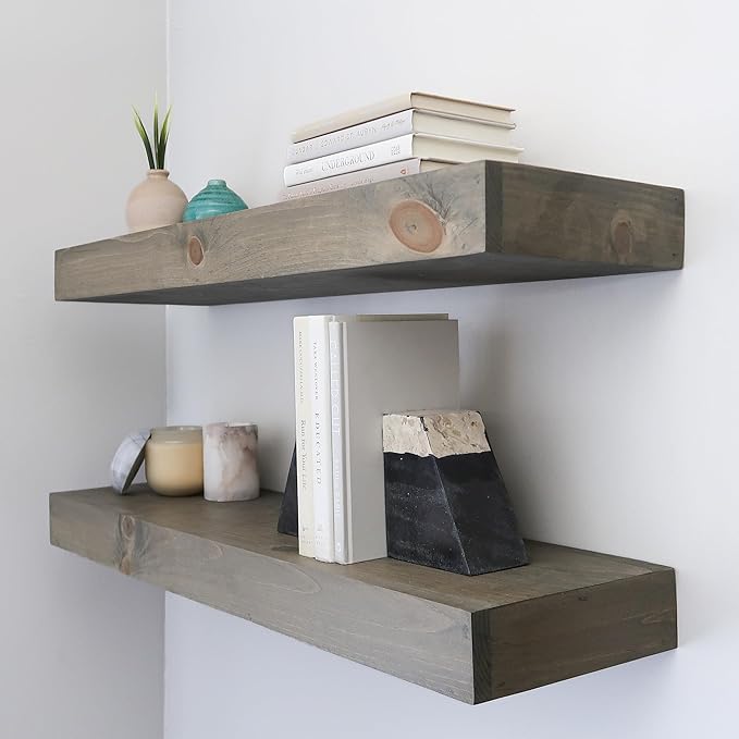 Urbandi Modern Floating Shelves 3 Inches Thick for Wall, Wide Shelves for Kitchen, Living Room, Bedroom, and Bathroom, Natural Pine Wood, Rustic Wooden Shelf, (Set of 2) (Aged Barrel, 48Lx3Hx8D)