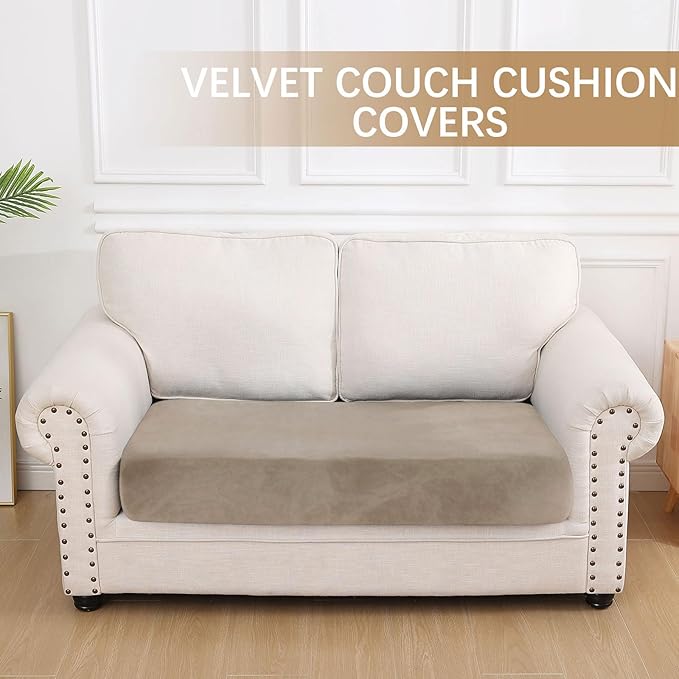 hyha Sofa Cushion Cover, Velvet Protector Slipcover for 50x27.5x9in Couch, Taupe, Super Soft, Anti-Slip, Stretch Fit, Machine Wash