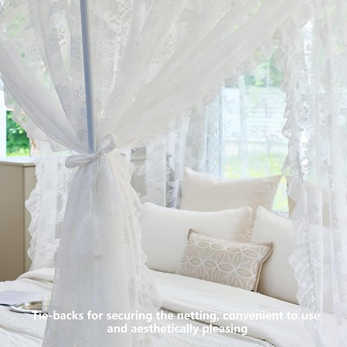 AIKASY Elegant Lace Princess 4-Poster Bed Canopy Mosquito Net - Romantic Wedding Bridal Bedroom Decor, Kids Room Bed Curtain for Women Adults - (White-4,King)