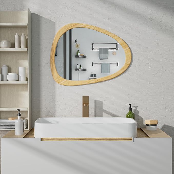 22.5" x 17.5" Irregular Wall Mirror, Natural Wooden Framed Asymmetrical Wall Mirror for Living Room Bedroom Bathroom Entryway, Modern Decorative Hanging Hook