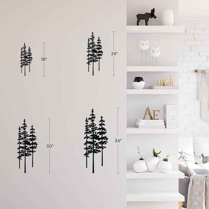 Metal Wall Art Decor Forest Pine Trees Minimalist Iron Tree Design Modern Nature-Inspired Wall Sculpture Hangings Home Decoration for Living Room, Bedroom, Bathroom, Kitchen, Outdoor - 36" Black