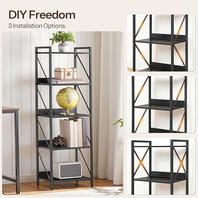 HOOBRO Bookshelf, 5-Tier Industrial Bookcase, Book Shelf Storage Organizer, Tall Bookshelf with Metal Frame for Living Room, Bedroom, Home Office, Kitchen, Black BB73SJ01