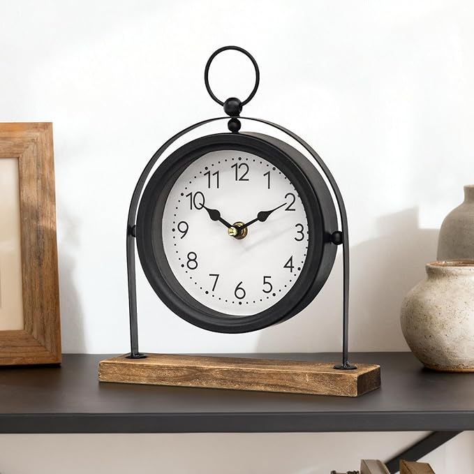 Vintage Small Table Clock, Black Metal Farmhouse Table Clock with Wooden Base, Silent Non-Ticking Battery Operated Desk and Shelf Clocks for Living Room, Kitchen, Bedroom Decor