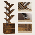 Tree Bookshelf, 6 Tier Bookcase with 2 Storage Racks, Free Standing Tall Wooden Bookcase, Floor Standing Book Shelf Organizer for Living Room, Bedroom, Study, Home Office, Rustic Brown