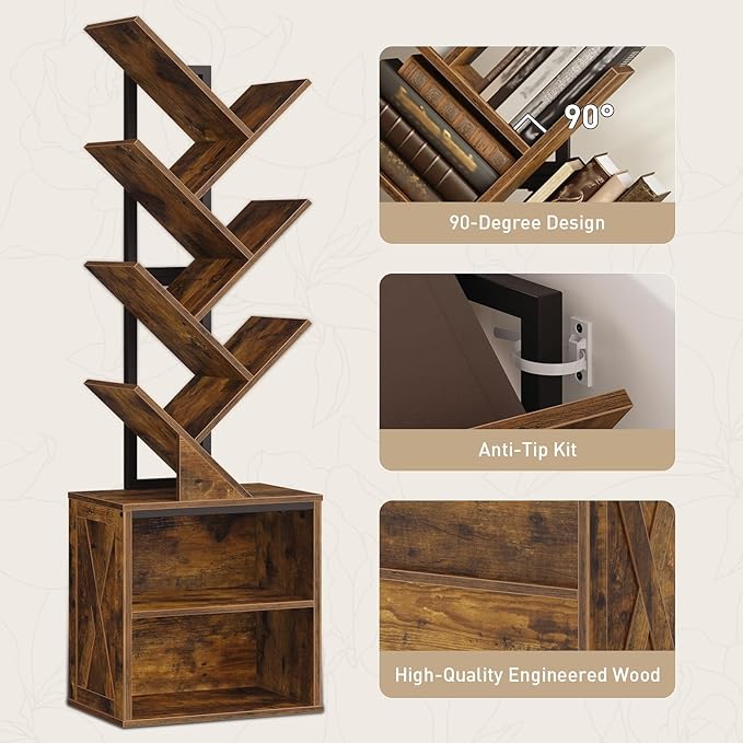 Tree Bookshelf, 6 Tier Bookcase with 2 Storage Racks, Free Standing Tall Wooden Bookcase, Floor Standing Book Shelf Organizer for Living Room, Bedroom, Study, Home Office, Rustic Brown