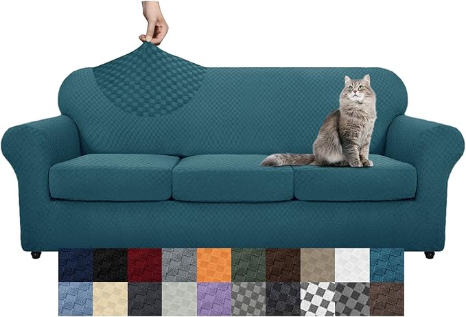 YEMYHOM Latest Checkered 4 Pieces Couch Covers for 3 Cushion Couch High Stretch Thickened Sofa Cover for Dogs Pets Elastic Slipcovers Living Room Furniture Protector (Teal), 71"-91"(3 Cushions)