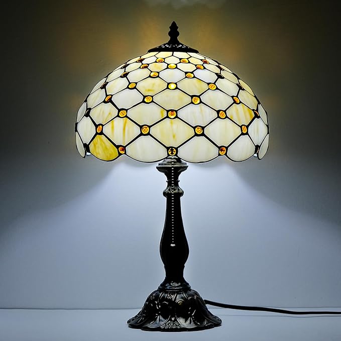 Tiffany Lamp Vintage White Cream Stained Glass Bead Table Lamp Desk Bedside Reading Light Decor Bedroom Living Room Home Office D12*H18 Inches