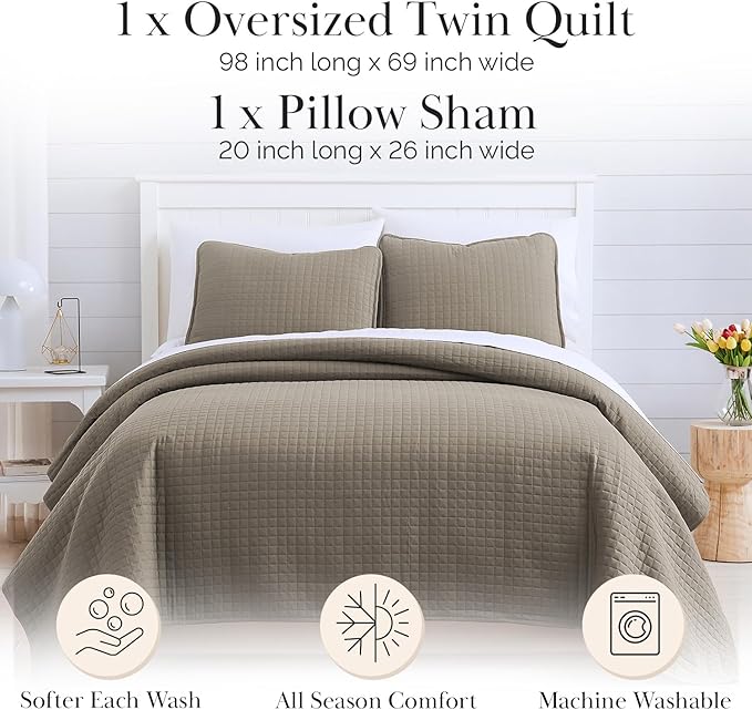 Southshore Fine Living, Inc. Quilt Comforter Twin XL Bedding Set for College Dorm Room, Bedding Essentials, Stain Resistant, Machine Washable Bed Spread, XL/Twin Comforter Set with Sham, Dark Taupe