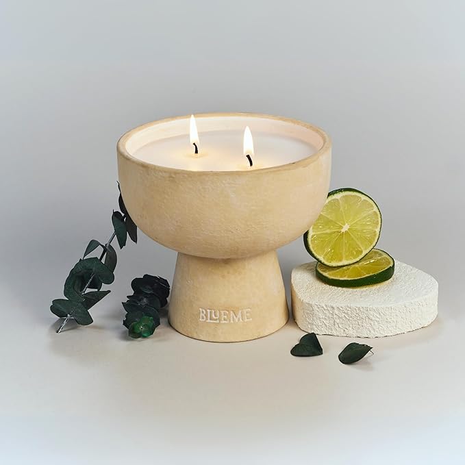 Blueme Focus Candle | Eucalyptus & Lime | 2 Wick - Refillable Wellness Candle with Essential Oils, Hand Finished & Poured Soy Wax Blend Ceramic Vessel, Natural Cotton Wicks | Medium 12 oz