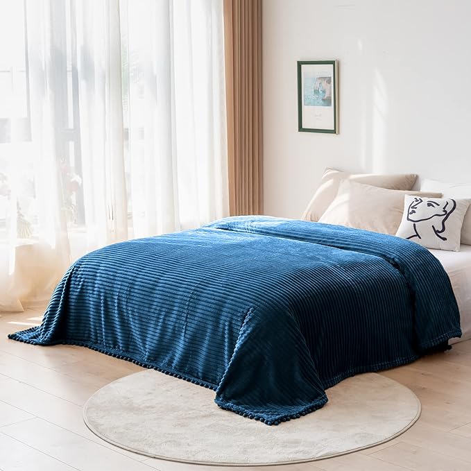 DISSA Fleece Blanket Queen Size – 71x80, Blue - Soft, Plush, Fluffy, Fuzzy, Warm, Cozy – Perfect Throw for Couch, Bed, Sofa - with Pompom Fringe - Flannel Blanket