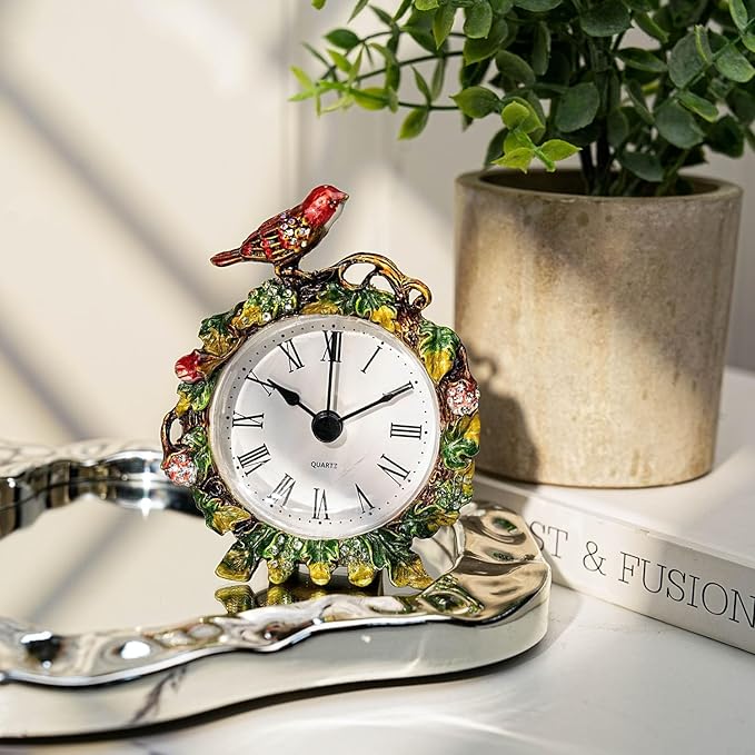 Mini Tabletop Clock, Decorative Vintage Floral Metal Table Clock with Battery Operated for Bedside, Table, Living Room, Home and Office