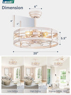 LEDIARY 20 Inch Fandelier Caged Ceiling Fan with Light, Bladeless Ceiling Fan with Remote, Small Farmhouse Fan Lights Ceiling Fixtures for Kitchen, Bedroom-White and Gold