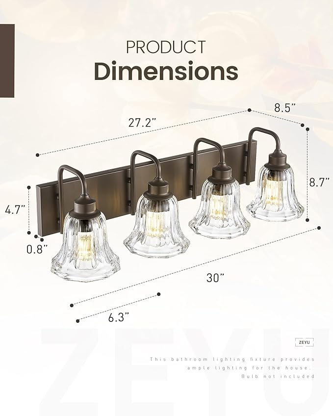 zeyu 4-Light Bathroom Vanity Lighting in Oil Rubbed Bronze Finish, Farmhouse Wall Mount Fixture Over Mirror with Clear Striped Glass, ZJX117B-4W ORB