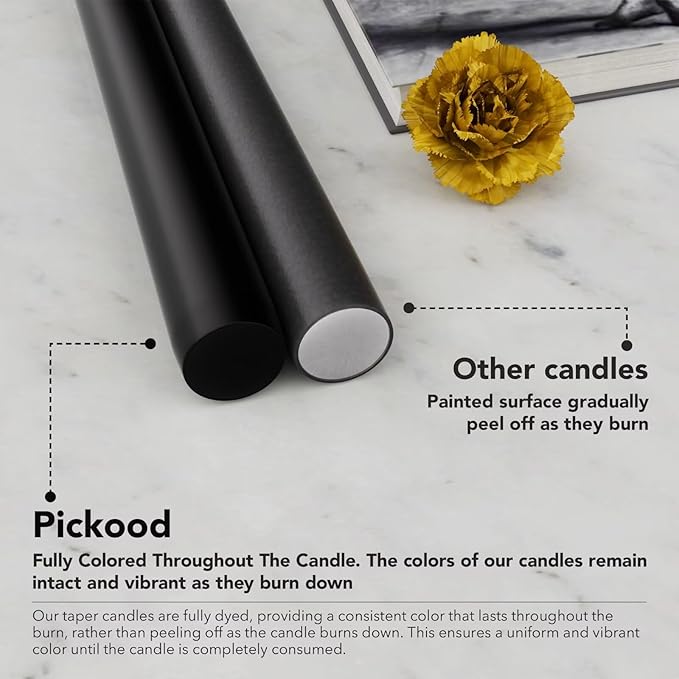 12-Inch Tall Dripless Taper Candles Set of 4 - Black Tapered Candles, Perfect for Halloween - Smokeless, Unscented, Long Burning - Hand Poured, Colored Tall Candlesticks - negras