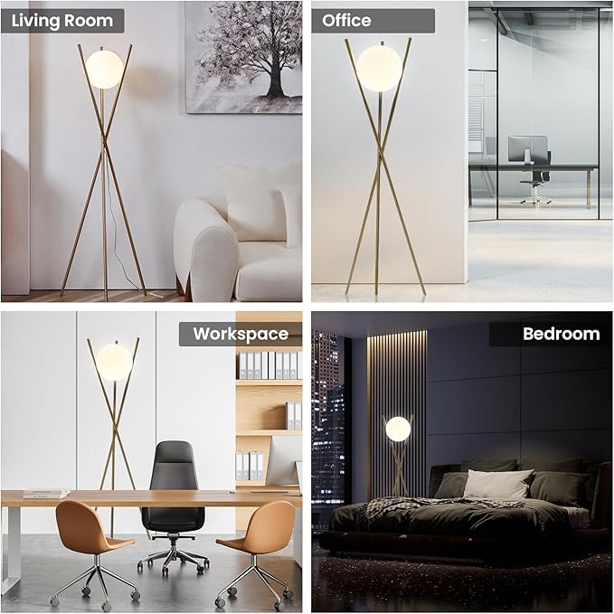 Ozarke Solstice Modern Frosted Glass Globe Floor Lamp (165cm) Contemporary LED Dimmable Lighting for Bedroom, Living Room, Hotel & Home Office (Gold)