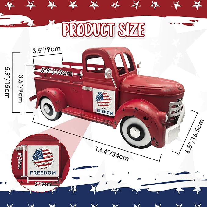 Valentine's day Truck Decor 13.4 Inch Farmhouse Vintage Metal Truck with 12 Magnets Valentines Day Table Decorations for Home Kitchen Mantel Spring Garden Interchangeable Seasonal Decor