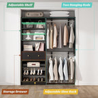 [10 FT Closet System] 120 Inch Reversible Set of 2 Wood Closet Organizer System with 2 Drawers, 4 Hanging Rods Adjustable Shelf, Walk In Closet Organizers with Shoe Rack, Garment Rack, Black