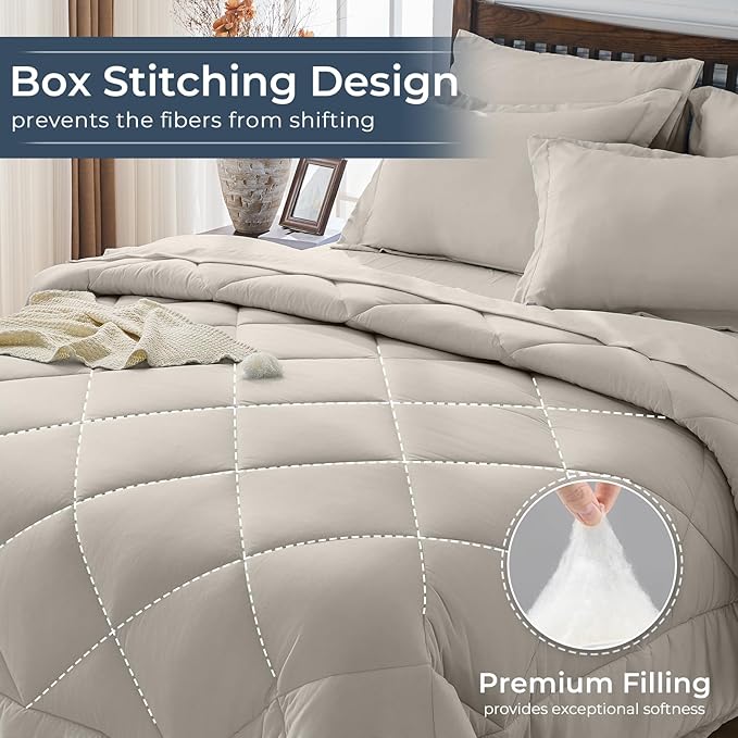 HEVUMYI Oatmeal Queen Comforter Set - 7-Piece All Season Bed in a Bag Queen, Ultra Soft Bedding Set with Comforter, Flat Sheet, Fitted Sheet, Pillowcases, Pillow Shams