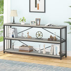 IBF Low Long Horizontal Bookshelf, Industrial Modern 3 Tier Etagere Bookcase, Large Wide Open Rustic Metal and Wood Grey Book Shelf for Bedroom Living Room Home Office Storage, Light Grey Oak, 63 Inch