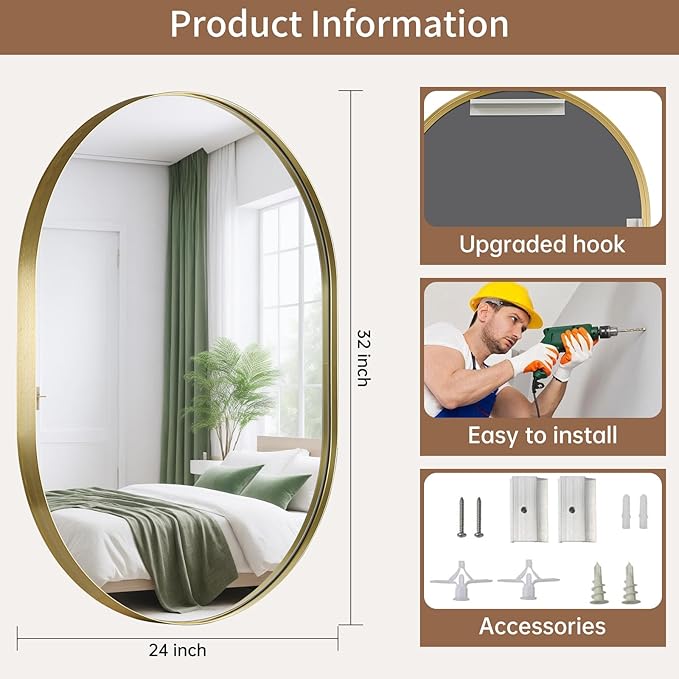 Gold Oval Mirror, 24"x32" Oval Bathroom Mirror, Brushed Gold Mirror with Aluminium Alloy Frame, Anti-Rust, Tempered Glass