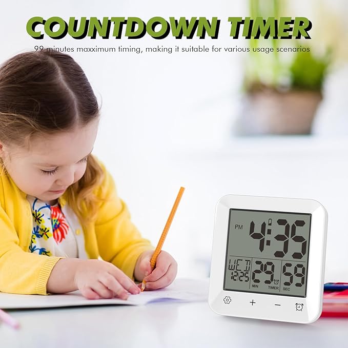 Digital Shower Clock Waterproof, Bathroom Wall Clock Timer with Touch Screen, Temperature, LCD Display, Suction Cup Hanging Hole Stand for Kids and Adults