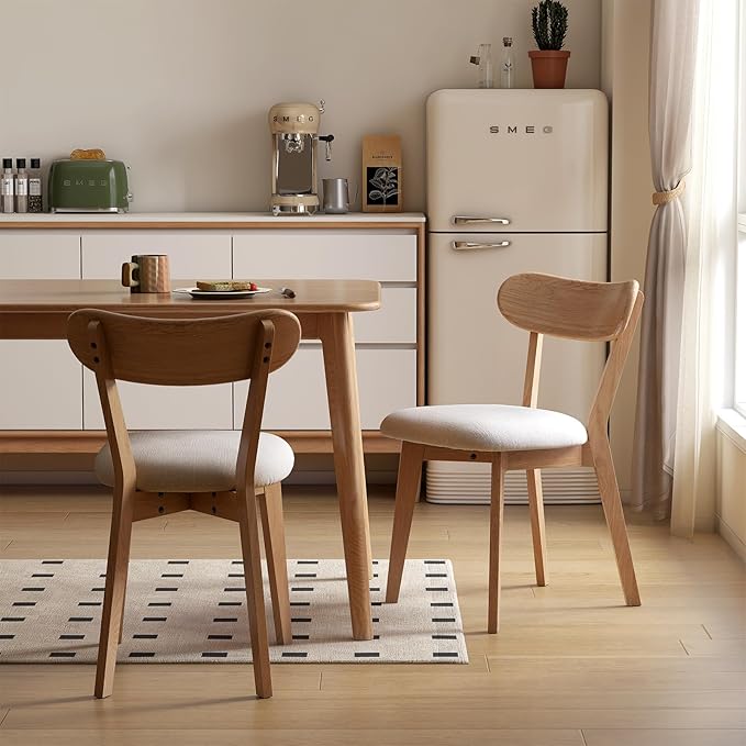 100% Solid Oak Dining Chairs, Mid Century Modern Dining Chair with Curved Backrest, Fabric Upholstered Dining Chairs for Kitchen, Study, Living Room (1, Original Wood-Pear White Cushion)