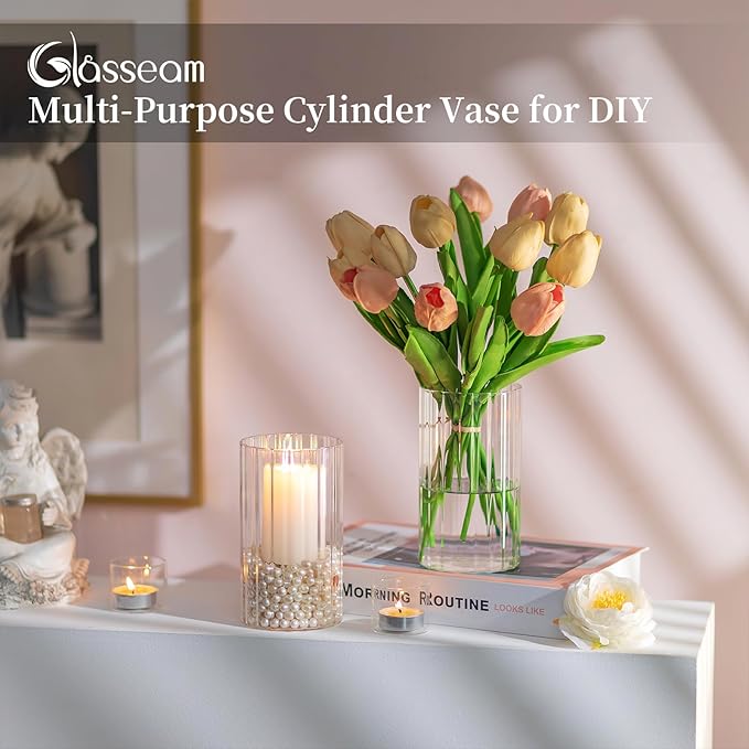 Glasseam Glass Pillar Candle Holder: Set of 12 Hurricane Candle Holders for Floating Candles Decorative Ribbed Vase for Flowers Cylinder Vases for Centerpieces Wedding Dining Table Thanksgiving 5.91’’