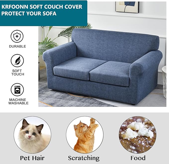 KRFOONN 3 Piece Stretch Sofa Couch Covers for 2 Cushion Couches Printed Loveseat Slipcover with 2 Separate Seat Cushion Covers Washable Sofa Slip Covers Furniture Protector (Loveseat, A1), Medium