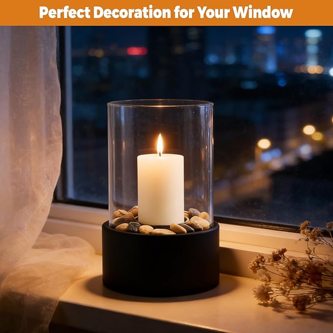 EastFlame Tabletop Hurricane Candleholder with Decorative Stones - Suitable for Dia 2.5" and Below Pillar Candles and Scented Candles, Gift for Dinner Table Centerpiece & Housewareming Gift