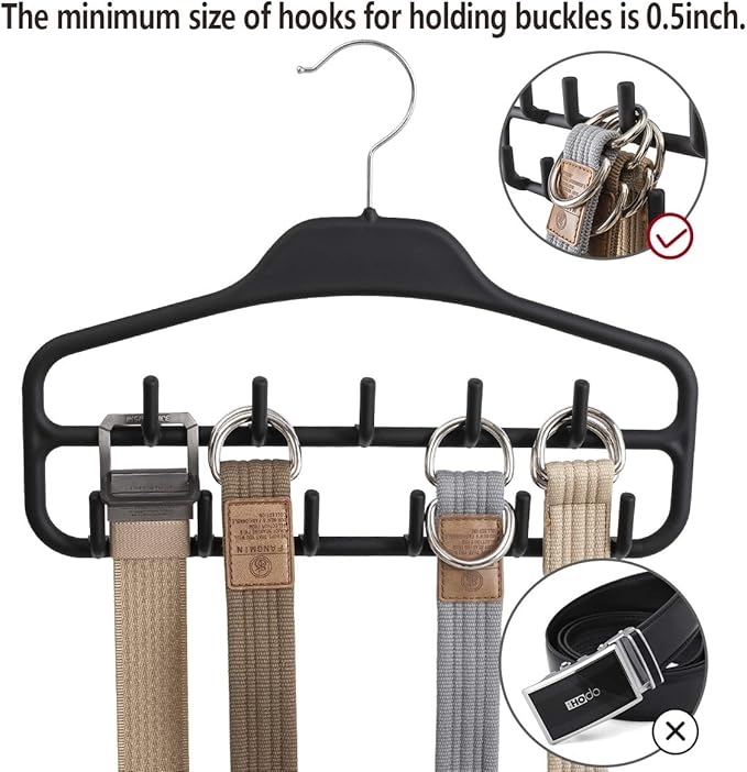 ELONG HOME Belt Hanger, Tie Rack for Closet, Sturdy Belt Organizer with 360 Degree Swivel, 11 Large Sturdy Belt Hooks, Non Slip Rubberized Belt Rack, Black