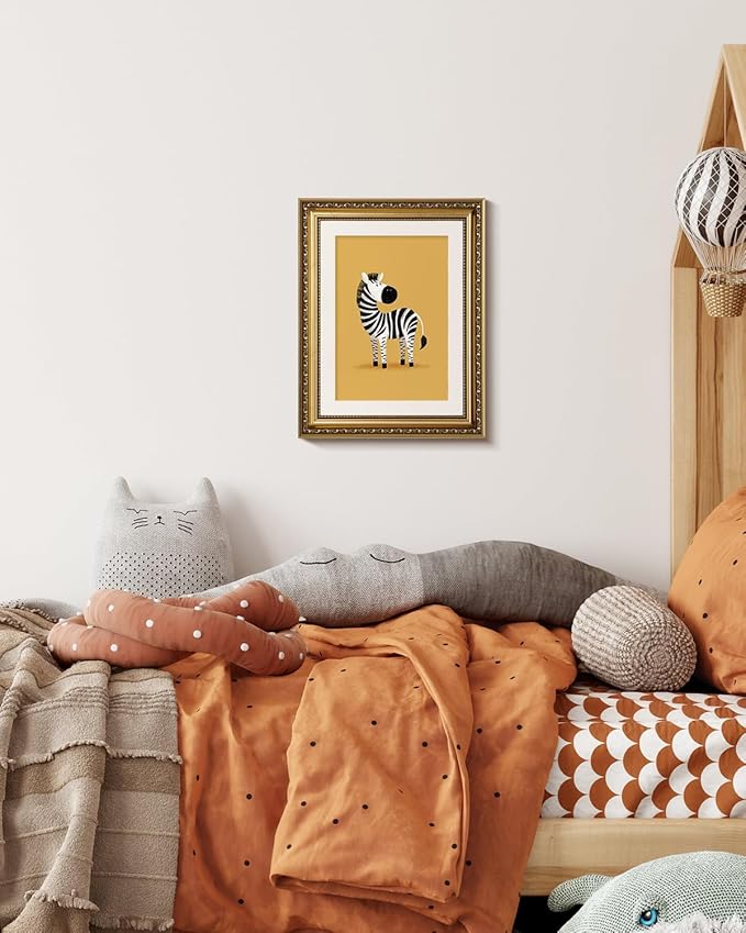 ARPEOTCY Gold Framed Canvas Wall Art, 11x14 Inch Cute Zebra Nursery Wall Decor for Kids Room, Cartoon Safari Animal Artwork for Baby Room, Playroom, Toddler Bedroom Decorations