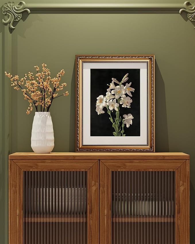 ARPEOTCY Vintage Gold Framed Wall Art Decor, Classic Floral Lily Flower Paintings, Victorian Wall Decor for Living Room Bedroom, Canvas Prints Antique Frame Artwork for Room Decor, 13x16 inch
